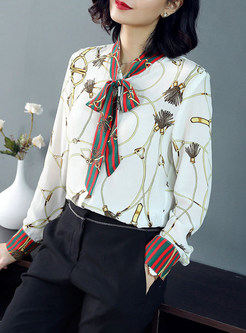 Elegant Bowknot Collar Print Silk Blouse