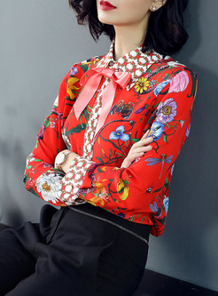 Red Floral Print Bowknot Silk Blouse