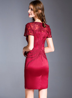 Wine Red Lace Short Sleeve Bodycon Dress