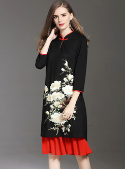 Ethnic Embroidered Stitching Cheongsam Shift Dress