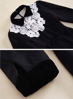 Black Lace Splicing Turn Down Collar Skater Dress