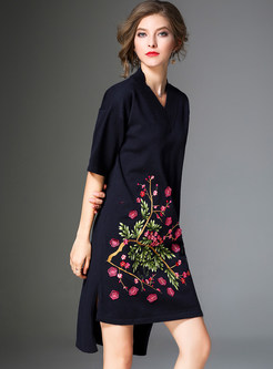 Elegant V-neck Asymmetric Hem Embroidered Shift Dress