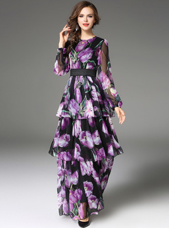 Elegant Purple Print Lantern Sleeve Maxi Dress