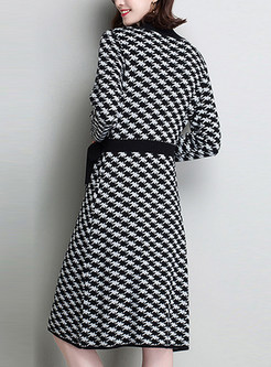 Chic Belted Plaid Color-blocked Knitted Dress