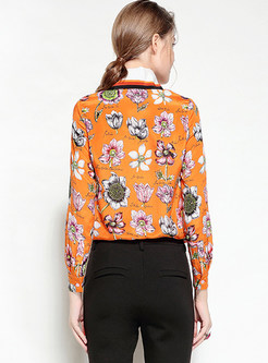 Floral Print Silk Turn Down Collar Blouse