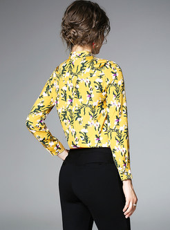 Yellow Floral Print Stand Collar Blouse