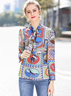 Multi-Color Bowknot Tied Long Sleeve Blouse