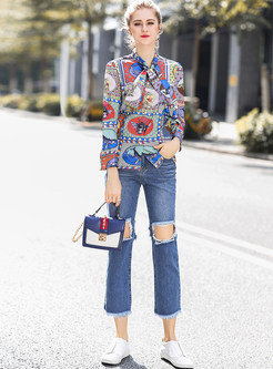 Multi-Color Bowknot Tied Long Sleeve Blouse