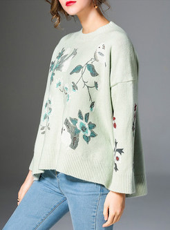 Loose Long Sleeve Floral Print Knitted Sweater