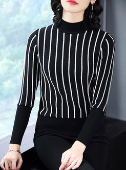 Striped Contrast Color Stand Collar Knitted Sweater