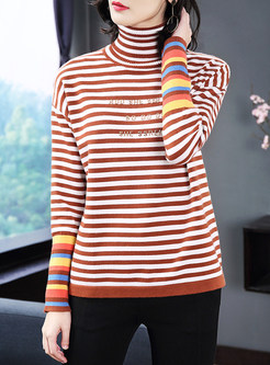 Striped Hit Color Turtle Neck Knitted Sweater