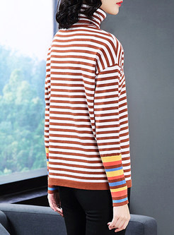 Striped Hit Color Turtle Neck Knitted Sweater