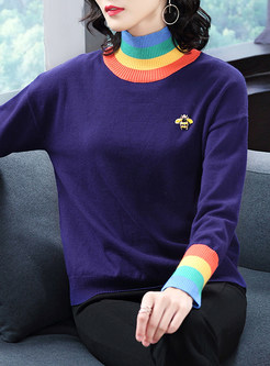 Brief Striped Contrast Color Turtle Neck Sweater