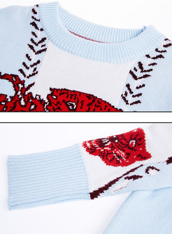 Blue Jacquard Hit Color Knitted Sweater