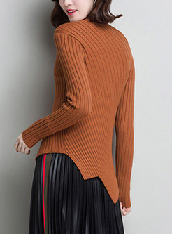 Brief O-neck Asymmetric Hem Knitted Sweater