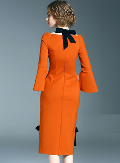 Elegant Color-blocked Split Flare Sleeve Bodycon Dress