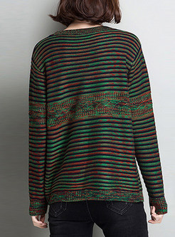 Causal O-neck Striped Contrast Color Knitted Sweater