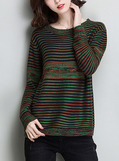 Causal O-neck Striped Contrast Color Knitted Sweater