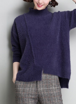 Stand Collar Asymmetric Hem Sweater