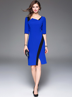 Elegant Color-blocked Asymmetric Neck Bodycon Dress