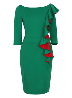 Green Asymmetric Falbala Bodycon Dress