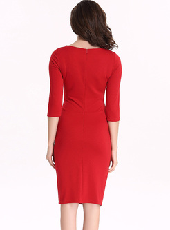 Red Waist O-neck Bodycon Dress