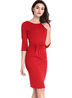 Red Waist O-neck Bodycon Dress