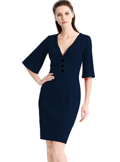 Sexy V-neck Buttoned Flare Sleeve Bodycon Dress