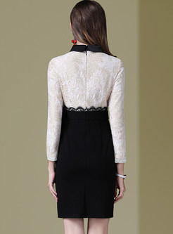 Elegant Lace Stitching Turn Down Collar Bodycon Dress