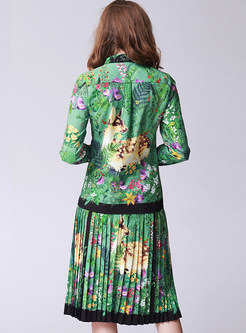 Green Vintage Print Long Sleeve Two-piece Outfits