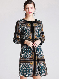 Ethnic Silk O-neck Print Shift Dress