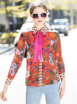Red Floral Print Bowknot Tied Silk Blouse