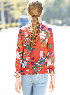 Red Floral Print Bowknot Tied Silk Blouse