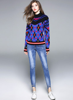 Brief Color-blocked Stand Collar Knitted Sweater