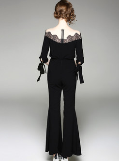 Black Lace Selvedge Mesh Perspective Flare Jumpsuits