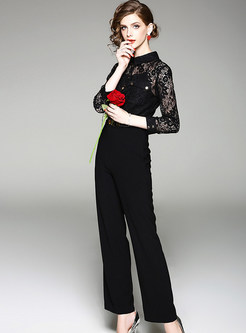 Black Hollow Out Lace Belted Jumpsuits
