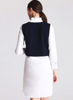 White Lotus Leaf Collar Dress With V-neck Vest