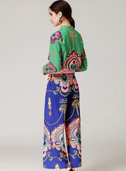 Ethnic Print Stand Collar Two-piece Outfits
