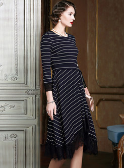 Striped Lace Stitching Asymmetric Hem Skater Dress