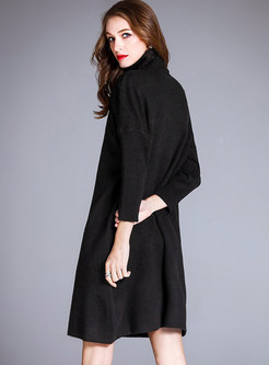 Black Brief Loose Print Turtle Neck Knitted Dress
