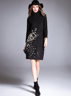 Black Brief Loose Print Turtle Neck Knitted Dress