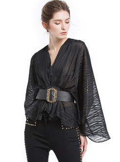 Sexy V-neck Belted Batwing Sleeve Top