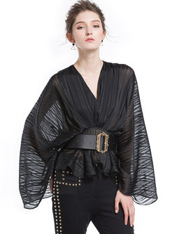 Sexy V-neck Belted Batwing Sleeve Top