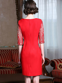 Vintage Embroidered Three Quarters Sleeve Bodycon Dress