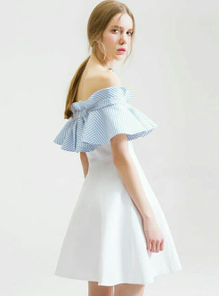 Elegant Color-blocked Falbala Slash Neck Mini Dress