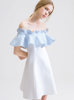 Elegant Color-blocked Falbala Slash Neck Mini Dress