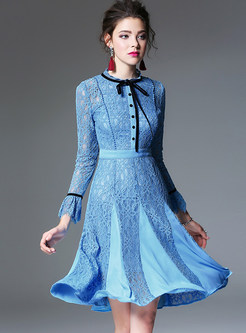 Elegant Flare Sleeve Splicing A-line Dress