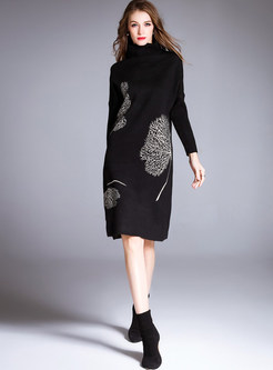 Black Turtle Neck Print Knitted Dress