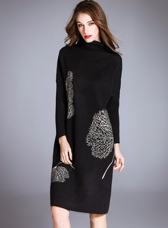 Black Turtle Neck Print Knitted Dress