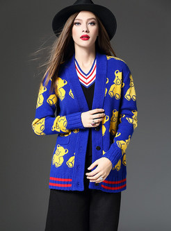 Blue Bear Pattern Knitted Coat